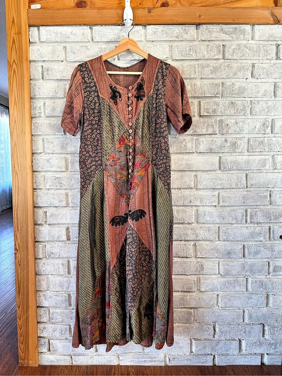 Dresses & Skirts - Vintage Floral Patchwork Dress Brown Green